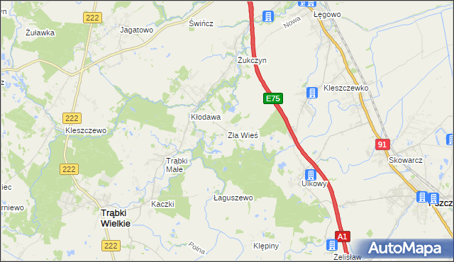 mapa Zła Wieś gmina Trąbki Wielkie, Zła Wieś gmina Trąbki Wielkie na mapie Targeo