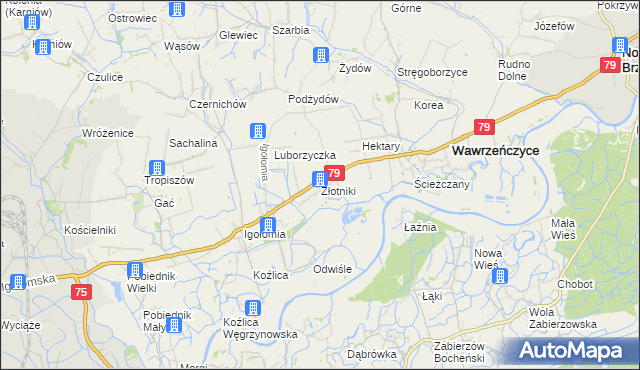 mapa Złotniki gmina Igołomia-Wawrzeńczyce, Złotniki gmina Igołomia-Wawrzeńczyce na mapie Targeo