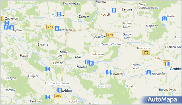 mapa Zofiówka gmina Drużbice, Zofiówka gmina Drużbice na mapie Targeo