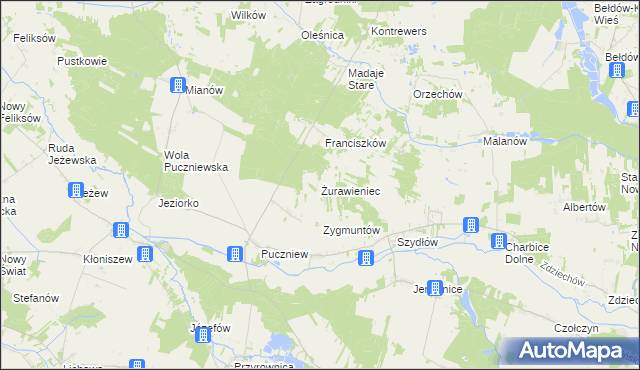 mapa Żurawieniec gmina Lutomiersk, Żurawieniec gmina Lutomiersk na mapie Targeo