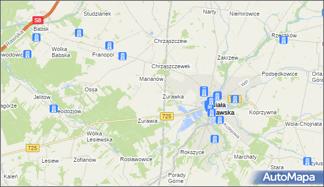 mapa Żurawka gmina Biała Rawska, Żurawka gmina Biała Rawska na mapie Targeo