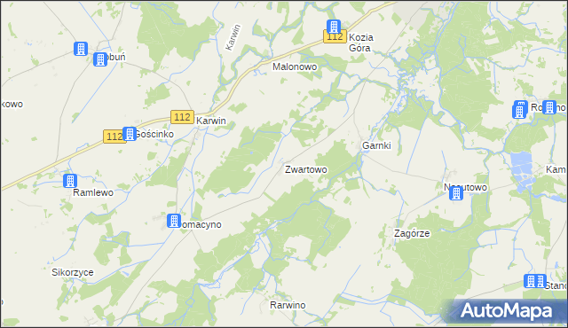 mapa Zwartowo gmina Karlino, Zwartowo gmina Karlino na mapie Targeo