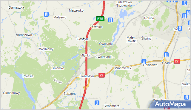 mapa Zwierzynek gmina Tczew, Zwierzynek gmina Tczew na mapie Targeo