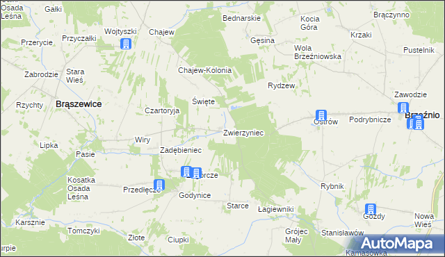 mapa Zwierzyniec gmina Brąszewice, Zwierzyniec gmina Brąszewice na mapie Targeo