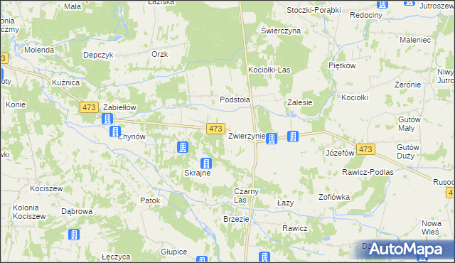 mapa Zwierzyniec gmina Drużbice, Zwierzyniec gmina Drużbice na mapie Targeo