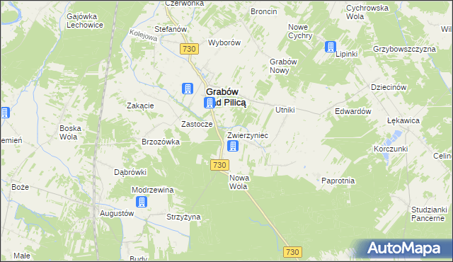 mapa Zwierzyniec gmina Grabów nad Pilicą, Zwierzyniec gmina Grabów nad Pilicą na mapie Targeo