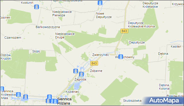 mapa Zwierzyniec gmina Siennica Różana, Zwierzyniec gmina Siennica Różana na mapie Targeo