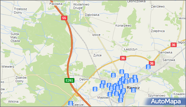 mapa Żylice gmina Rawicz, Żylice gmina Rawicz na mapie Targeo