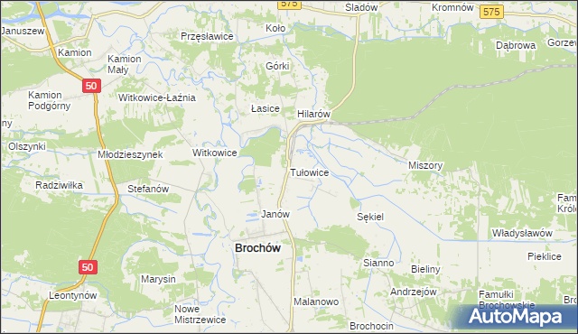 mapa Tułowice gmina Brochów, Tułowice gmina Brochów na mapie Targeo