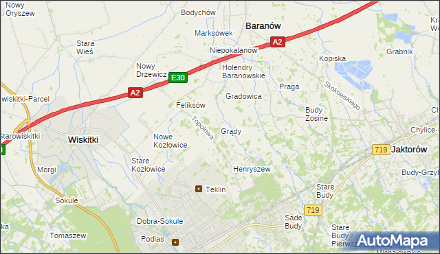 mapa Grądy gmina Jaktorów, Grądy gmina Jaktorów na mapie Targeo