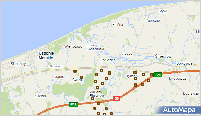 mapa Łopienica gmina Będzino, Łopienica gmina Będzino na mapie Targeo