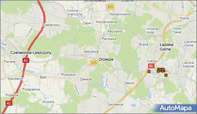 mapa Orzesze powiat mikołowski, Orzesze powiat mikołowski na mapie Targeo