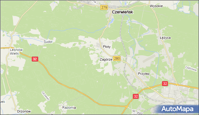 mapa Zagórze gmina Czerwieńsk, Zagórze gmina Czerwieńsk na mapie Targeo
