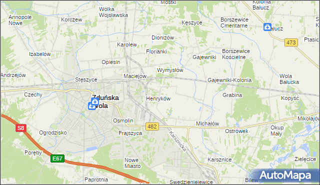 mapa Biały Ług gmina Zduńska Wola, Biały Ług gmina Zduńska Wola na mapie Targeo