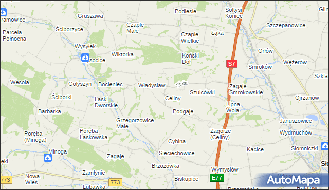 mapa Celiny gmina Iwanowice, Celiny gmina Iwanowice na mapie Targeo