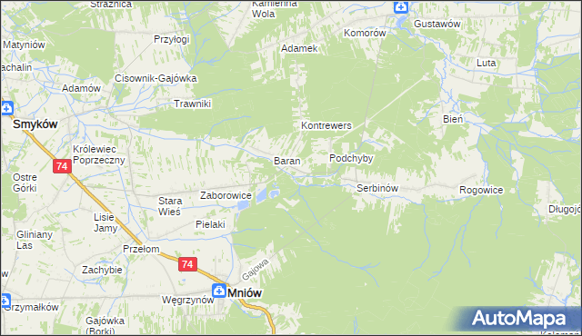 mapa Chyby gmina Mniów, Chyby gmina Mniów na mapie Targeo