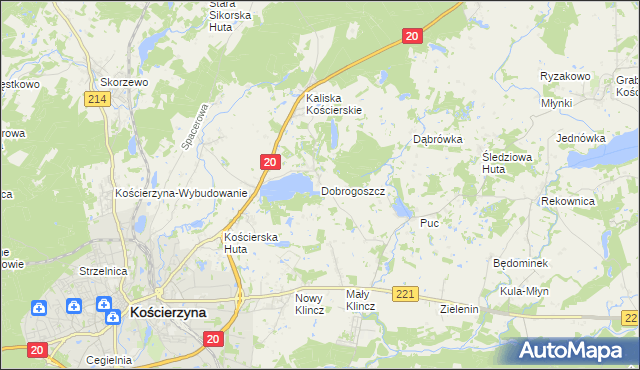 mapa Dobrogoszcz gmina Kościerzyna, Dobrogoszcz gmina Kościerzyna na mapie Targeo