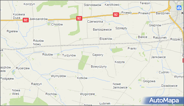 mapa Gąsiory gmina Chodów, Gąsiory gmina Chodów na mapie Targeo