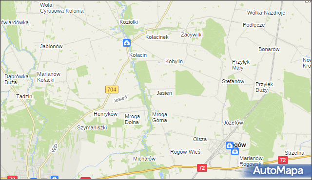 mapa Jasień gmina Rogów, Jasień gmina Rogów na mapie Targeo