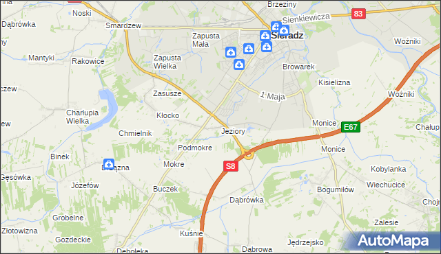 mapa Jeziory gmina Sieradz, Jeziory gmina Sieradz na mapie Targeo