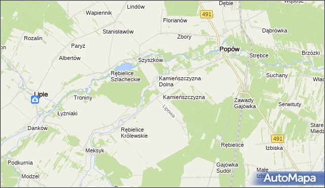 mapa Kamieńszczyzna gmina Popów, Kamieńszczyzna gmina Popów na mapie Targeo