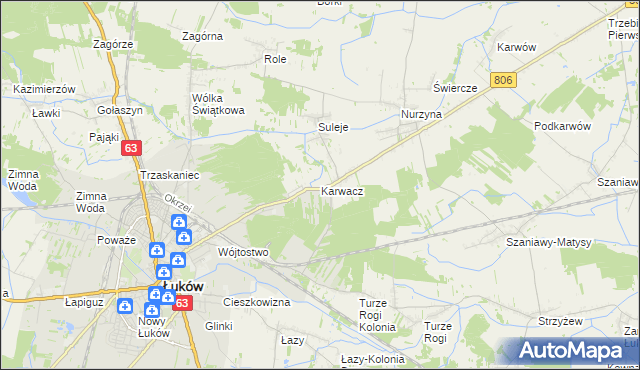 mapa Karwacz gmina Łuków, Karwacz gmina Łuków na mapie Targeo