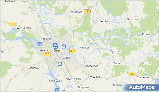 mapa Kawcze gmina Śrem, Kawcze gmina Śrem na mapie Targeo