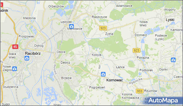 mapa Kobyla gmina Kornowac, Kobyla gmina Kornowac na mapie Targeo