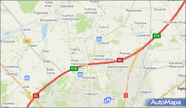 mapa Kolonia Wierzchowisko gmina Mykanów, Kolonia Wierzchowisko gmina Mykanów na mapie Targeo