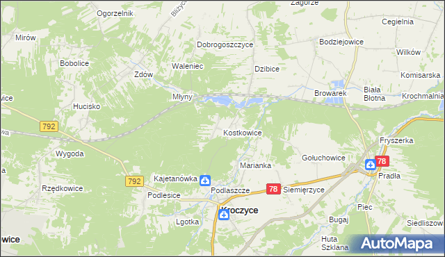 mapa Kostkowice gmina Kroczyce, Kostkowice gmina Kroczyce na mapie Targeo
