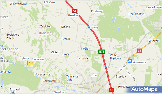 mapa Koźle gmina Stryków, Koźle gmina Stryków na mapie Targeo