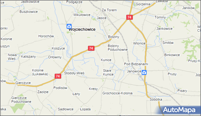 mapa Kunice gmina Wojciechowice, Kunice gmina Wojciechowice na mapie Targeo