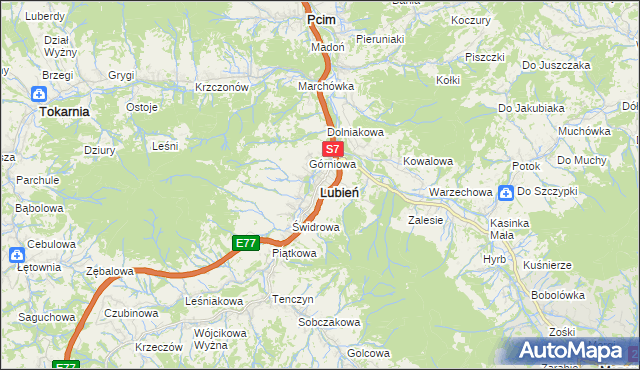 mapa Lubień powiat myślenicki, Lubień powiat myślenicki na mapie Targeo