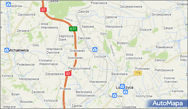 mapa Łuczyce gmina Kocmyrzów-Luborzyca, Łuczyce gmina Kocmyrzów-Luborzyca na mapie Targeo