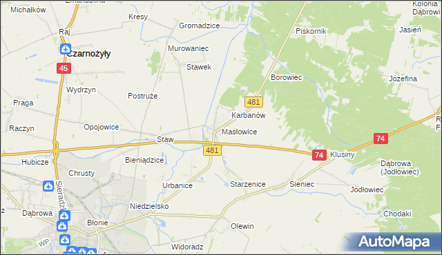 mapa Masłowice gmina Wieluń, Masłowice gmina Wieluń na mapie Targeo