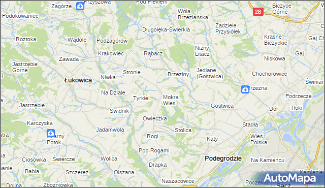 mapa Mokra Wieś gmina Podegrodzie, Mokra Wieś gmina Podegrodzie na mapie Targeo