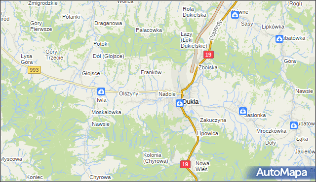 mapa Nadole gmina Dukla, Nadole gmina Dukla na mapie Targeo
