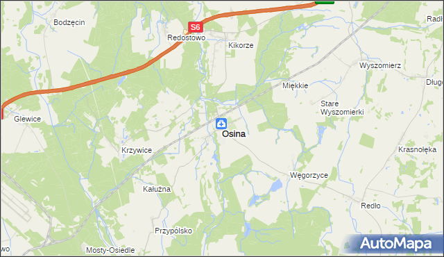mapa Osina powiat goleniowski, Osina powiat goleniowski na mapie Targeo