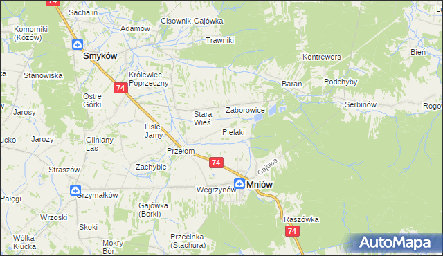 mapa Pielaki gmina Mniów, Pielaki gmina Mniów na mapie Targeo