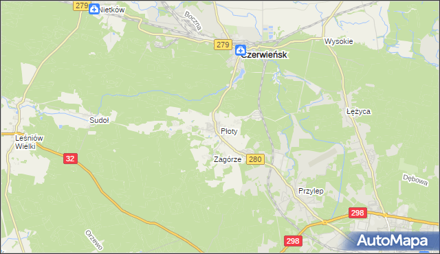 mapa Płoty gmina Czerwieńsk, Płoty gmina Czerwieńsk na mapie Targeo