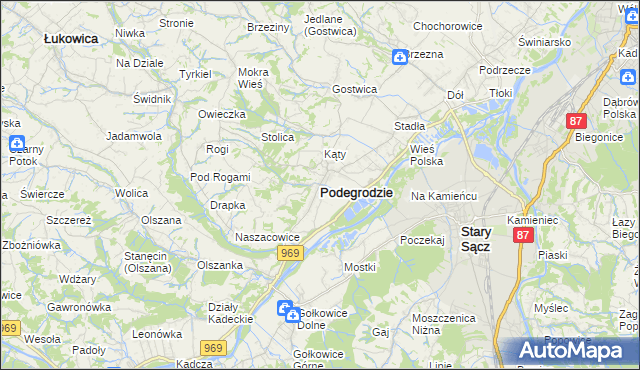 mapa Podegrodzie powiat nowosądecki, Podegrodzie powiat nowosądecki na mapie Targeo