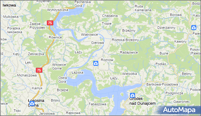 mapa Rożnów gmina Gródek nad Dunajcem, Rożnów gmina Gródek nad Dunajcem na mapie Targeo