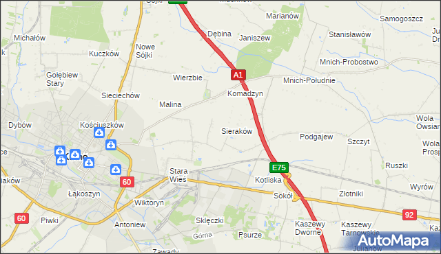 mapa Sieraków gmina Kutno, Sieraków gmina Kutno na mapie Targeo