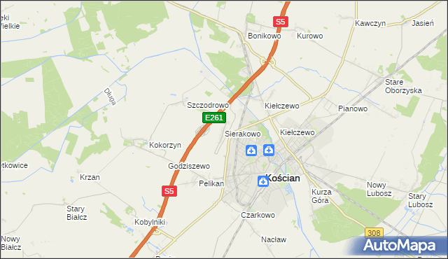 mapa Sierakowo gmina Kościan, Sierakowo gmina Kościan na mapie Targeo