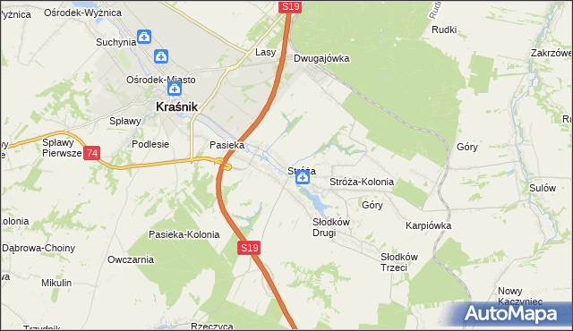 mapa Stróża gmina Kraśnik, Stróża gmina Kraśnik na mapie Targeo