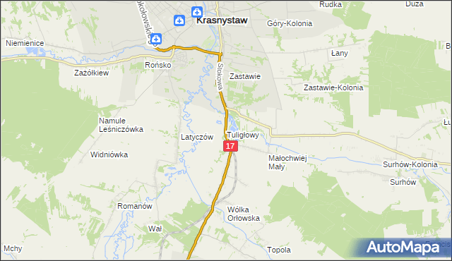 mapa Tuligłowy gmina Krasnystaw, Tuligłowy gmina Krasnystaw na mapie Targeo