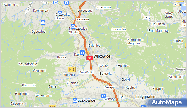 mapa Wilkowice powiat bielski, Wilkowice powiat bielski na mapie Targeo