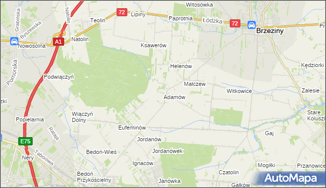 mapa Adamów gmina Brzeziny, Adamów gmina Brzeziny na mapie Targeo