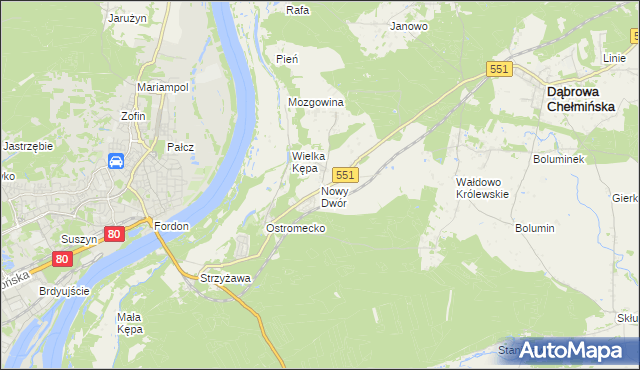 mapa Nowy Dwór gmina Dąbrowa Chełmińska, Nowy Dwór gmina Dąbrowa Chełmińska na mapie Targeo