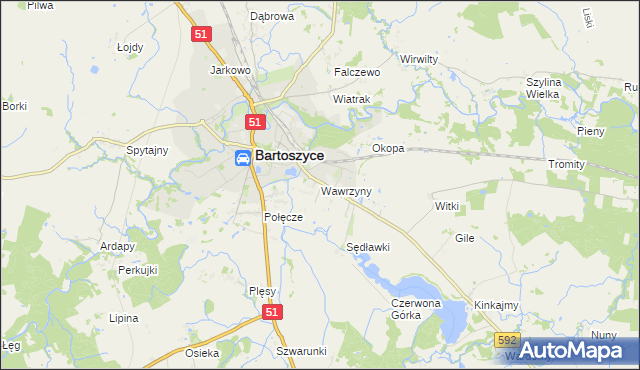 mapa Wawrzyny gmina Bartoszyce, Wawrzyny gmina Bartoszyce na mapie Targeo